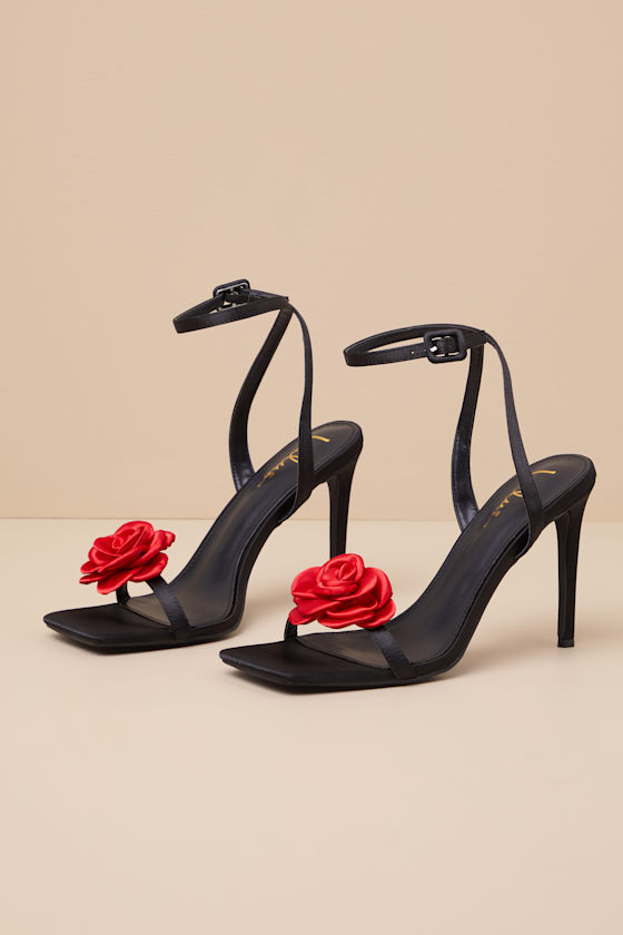 Shop Lulus Aerianna Black And Red Satin Rosette Ankle Strap Sandals