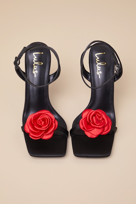Aerianna Black and Red Satin Rosette Ankle Strap Sandals 2