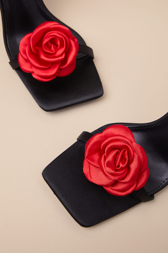 Shop Lulus Aerianna Black And Red Satin Rosette Ankle Strap Sandals
