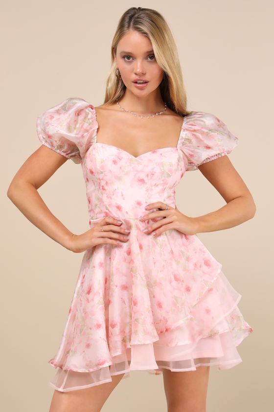 Captivating Sweetheart Pink Floral Tiered Puff Sleeve Mini Dress 3