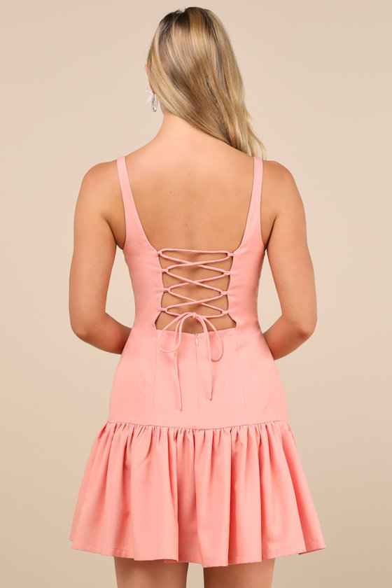 Lulus Adorable Concept Peach Lace-up Backless Drop Waist Mini Dress In Peach