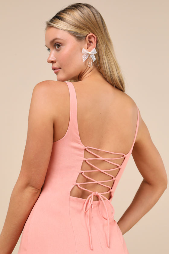 Lulus Adorable Concept Peach Lace-up Backless Drop Waist Mini Dress In Peach