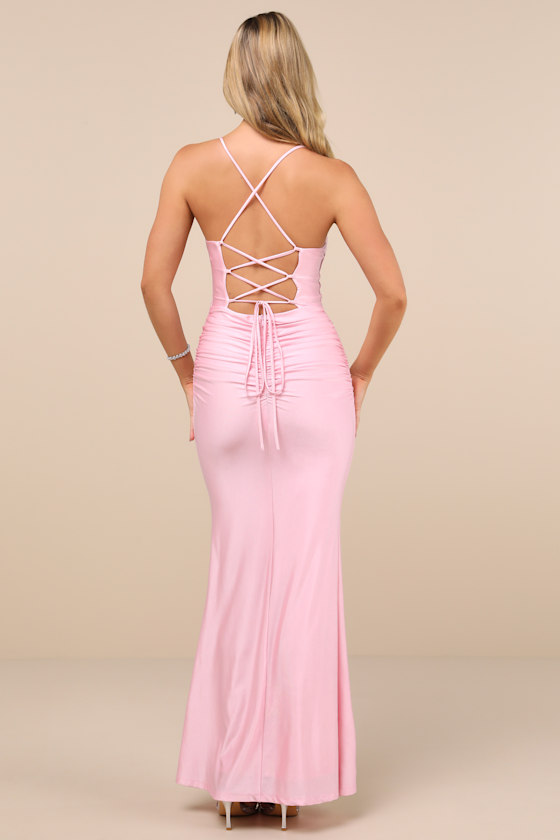 Lulus Elese Light Pink Slinky Knit Lace-up Mermaid Maxi Dress In Light Pink