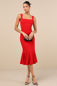 Moment Maker Red Square Neck Trumpet Midi Dress 3