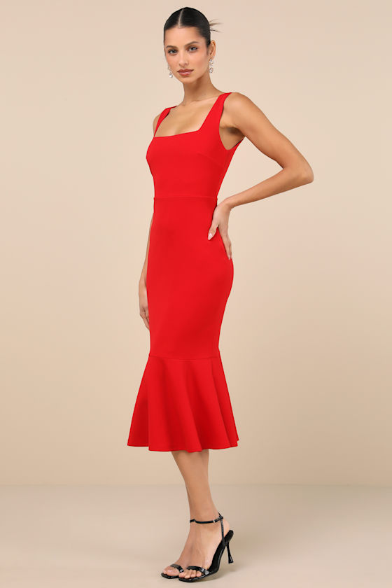 Shop Lulus Moment Maker Red Square Neck Trumpet Midi Dress