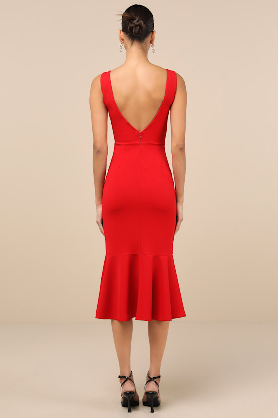 Shop Lulus Moment Maker Red Square Neck Trumpet Midi Dress