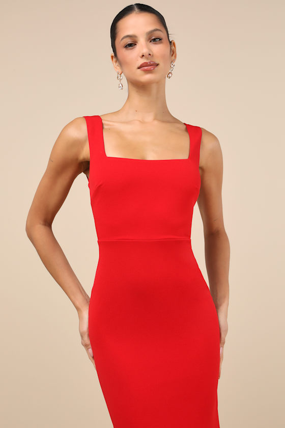 Shop Lulus Moment Maker Red Square Neck Trumpet Midi Dress