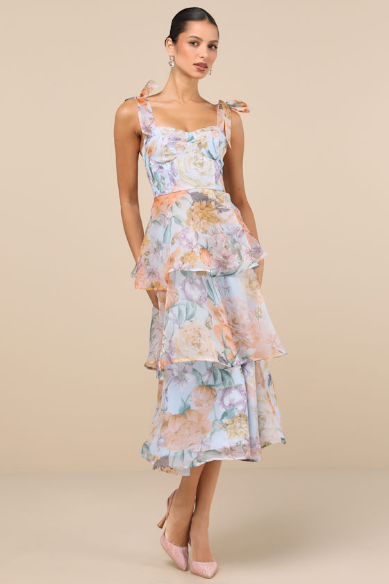 Lulus Playfully Posh Blue Floral Organza Tie-strap Tiered Midi Dress In Blue
