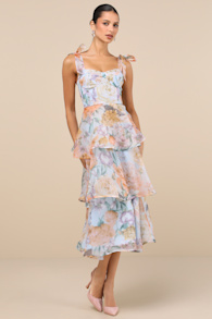 Playfully Posh Blue Floral Organza Tie-Strap Tiered Midi Dress 2