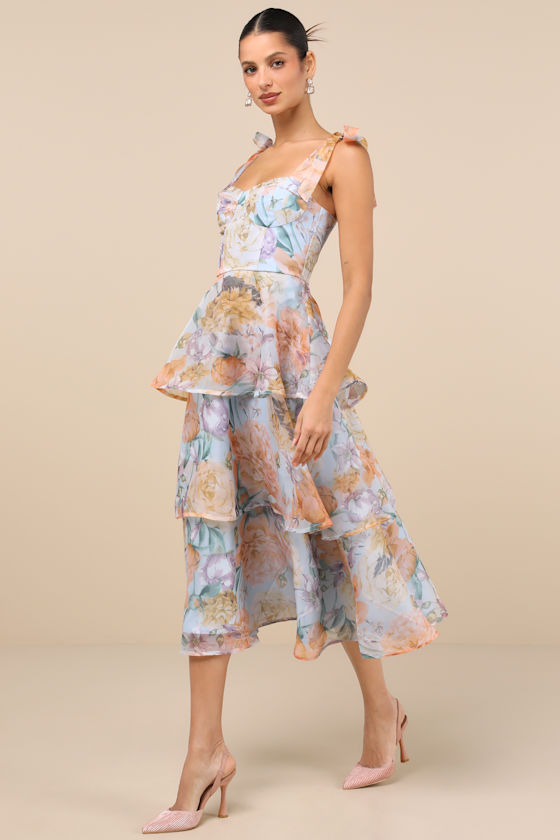 Lulus Playfully Posh Blue Floral Organza Tie-strap Tiered Midi Dress In Blue