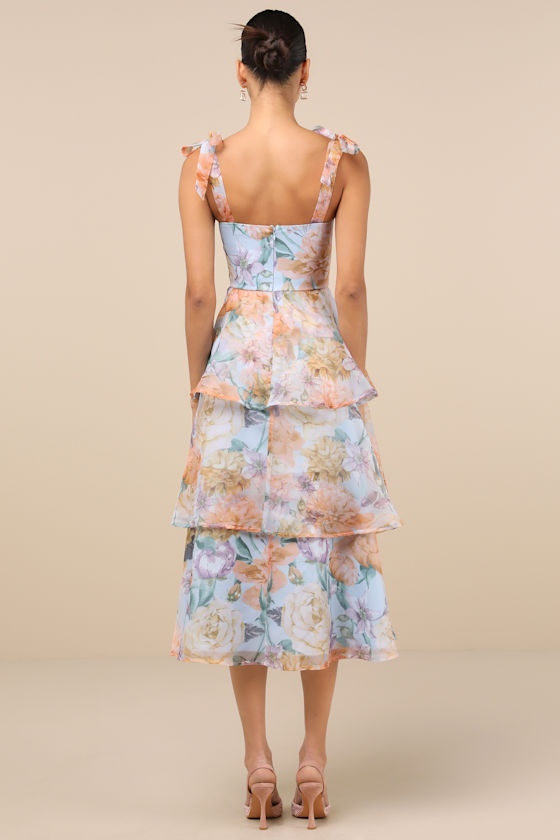 Lulus Playfully Posh Blue Floral Organza Tie-strap Tiered Midi Dress In Blue