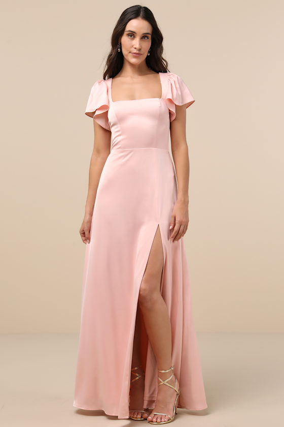Lulus Ultimate Sweetness Light Pink Satin Flutter Sleeve Maxi Dress In Light Pink