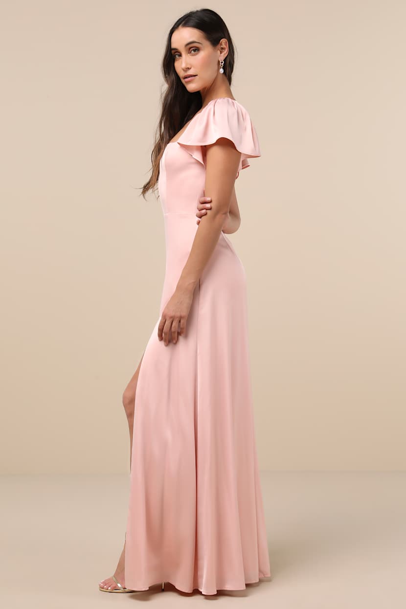 Ultimate Sweetness Light Pink Satin Flutter Sleeve Maxi Dress