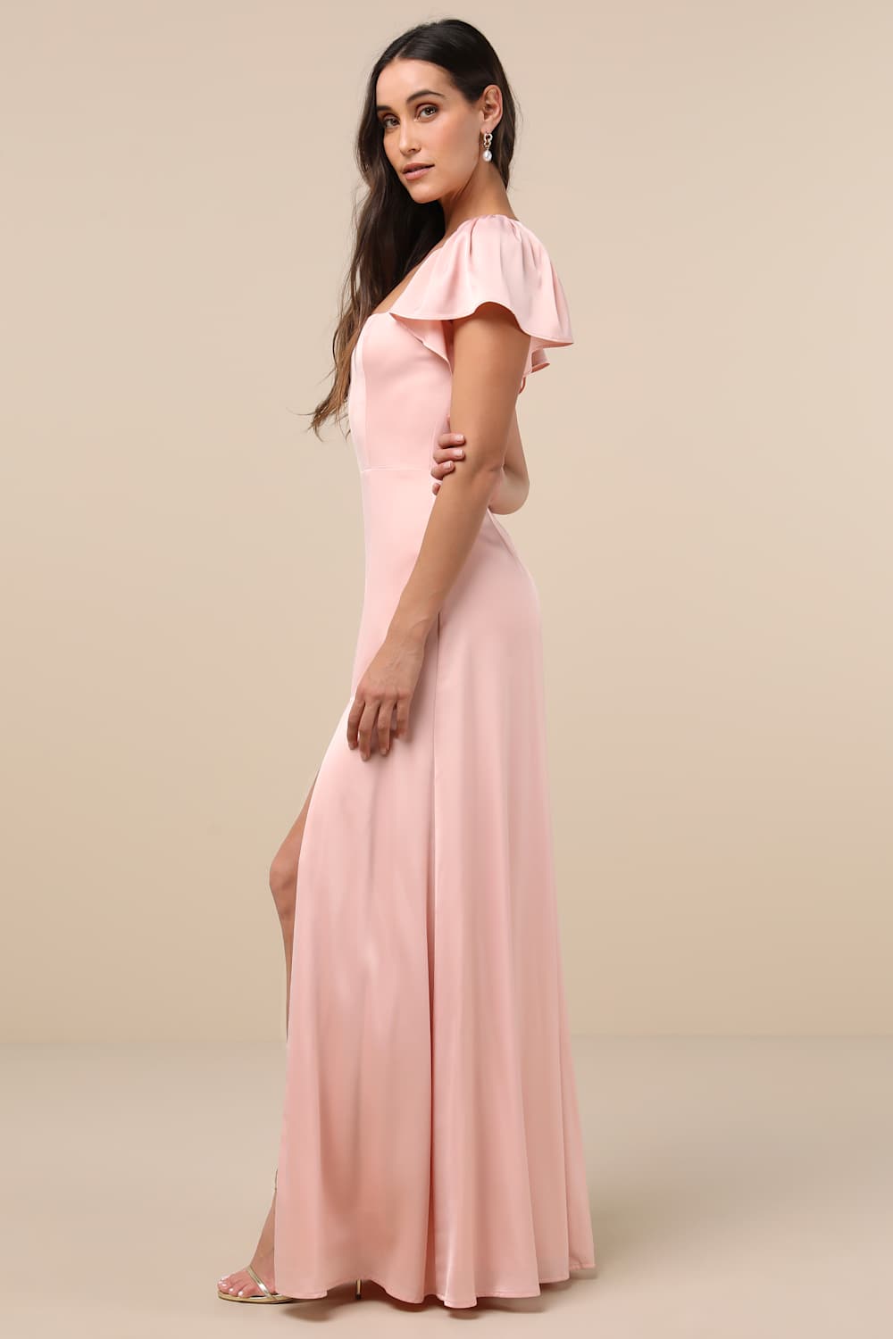 Ultimate Sweetness Light Pink Satin Flutter Sleeve Maxi Dress