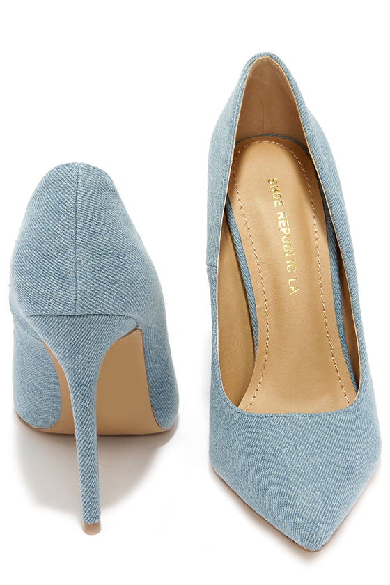 light blue denim pumps