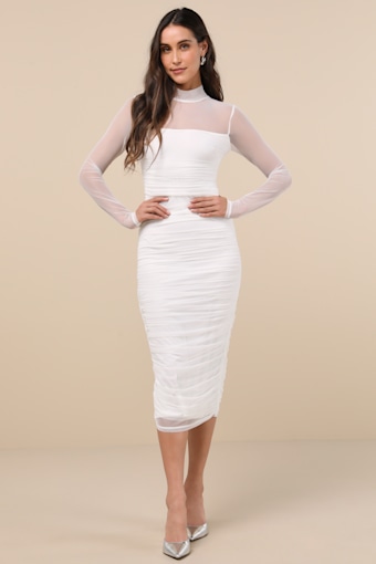 Impressive Flirt White Mesh Ruched Mock Neck Midi Dress 4