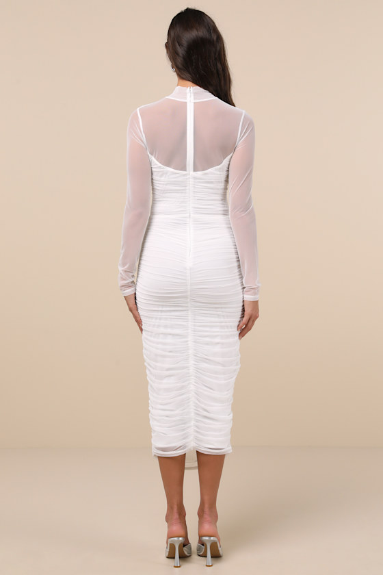 Lulus Impressive Flirt White Mesh Ruched Mock Neck Midi Dress In White