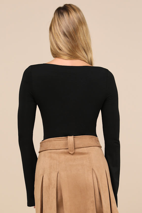 Lulus Perfectly Impressive Black Twist-front Long Sleeve Bodysuit In Black