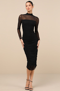 Impressive Flirt Black Mesh Ruched Mock Neck Midi Dress 3