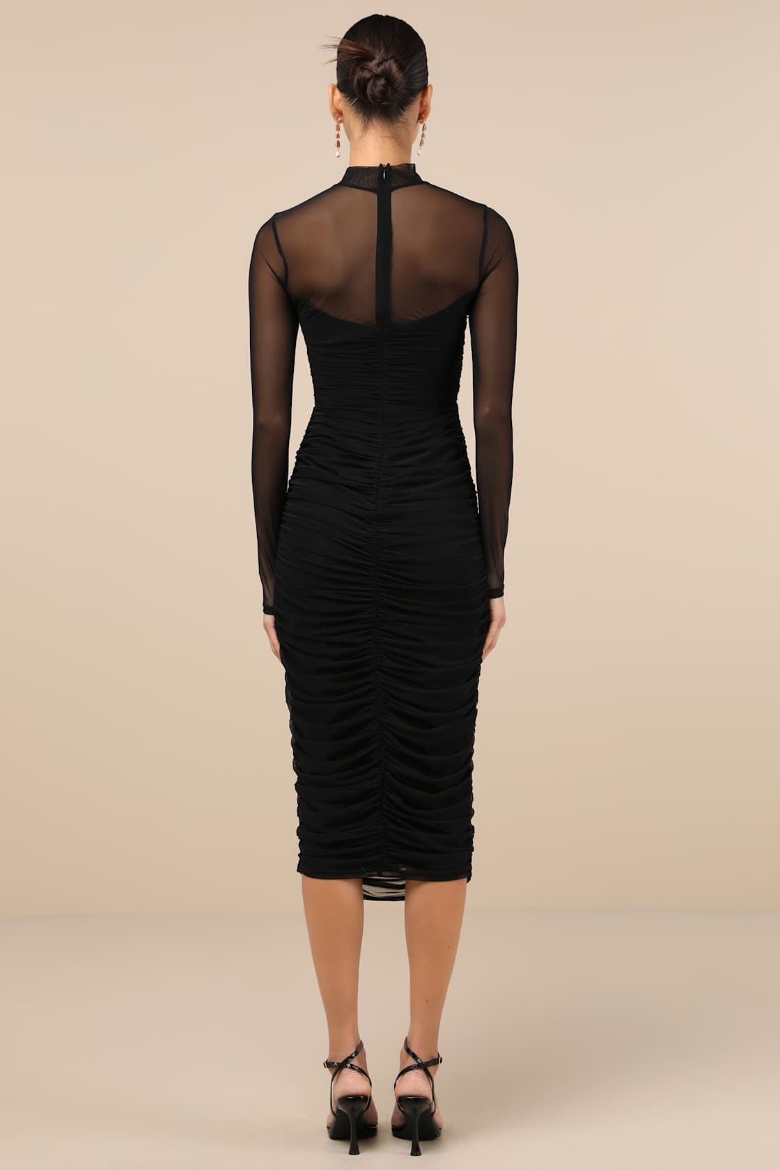 Impressive Flirt Black Mesh Ruched Mock Neck Midi Dress