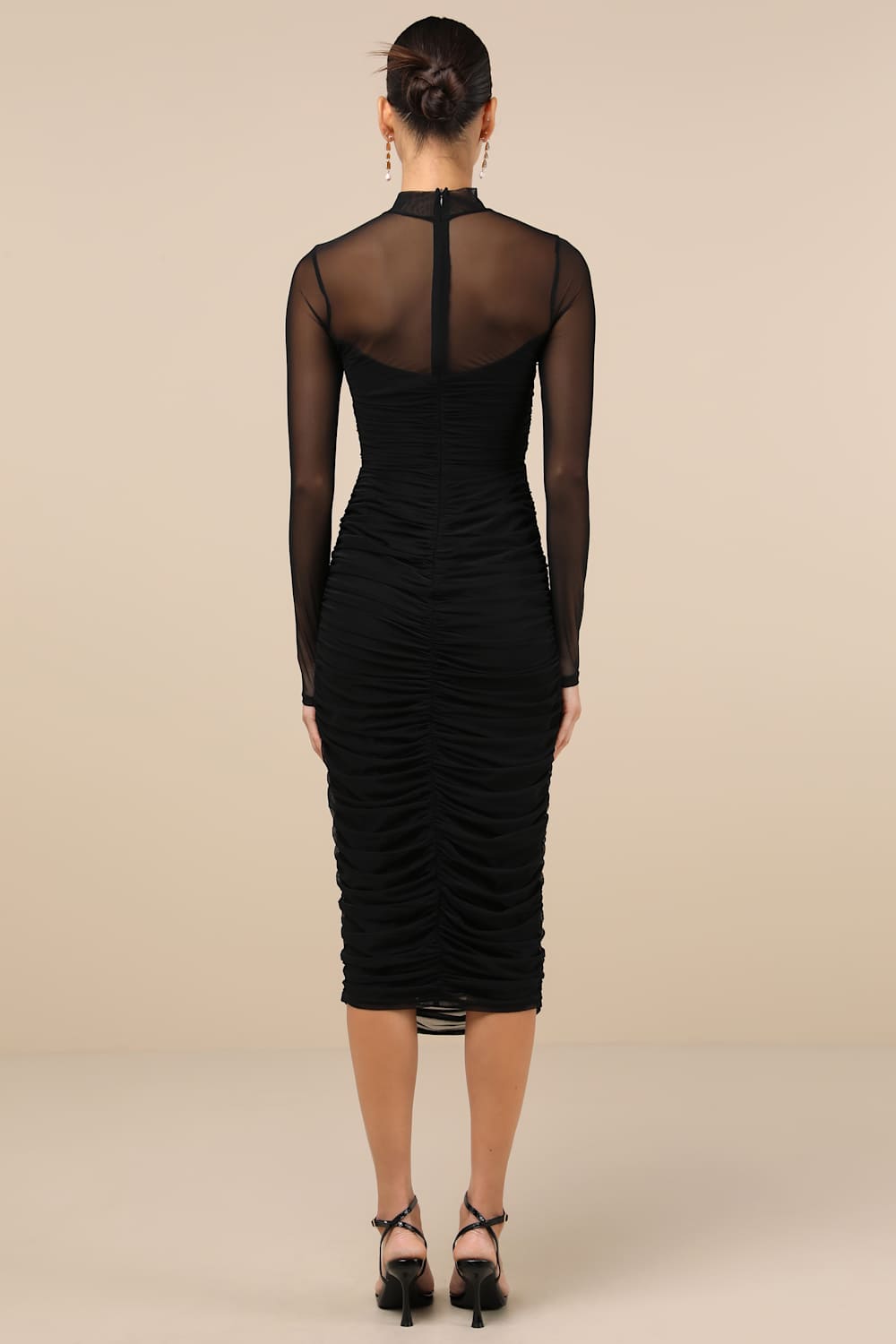 Impressive Flirt Black Mesh Ruched Mock Neck Midi Dress