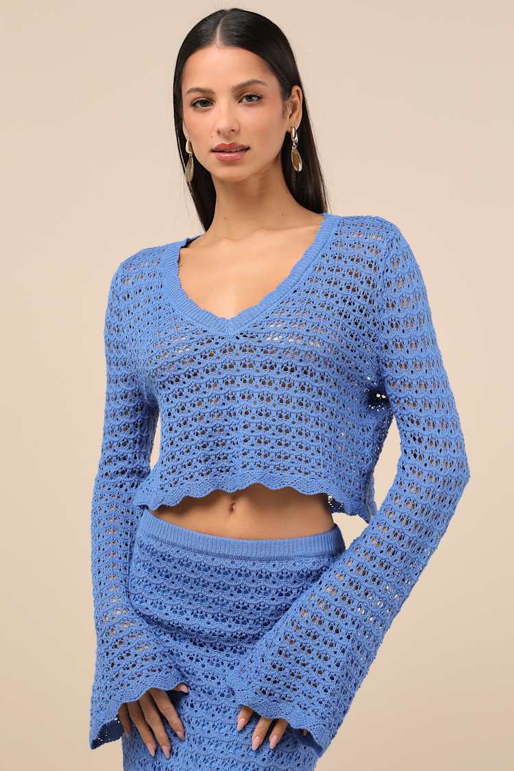 Serene Aesthetic Blue Crochet Knit Sweater Crop Top