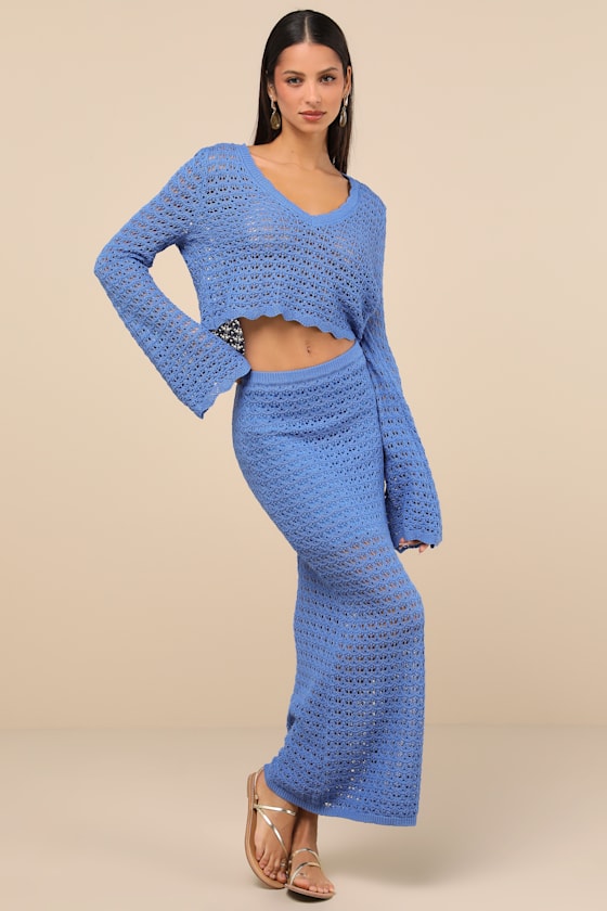 Image of Serene Aesthetic Blue Crochet Knit Midi Skirt