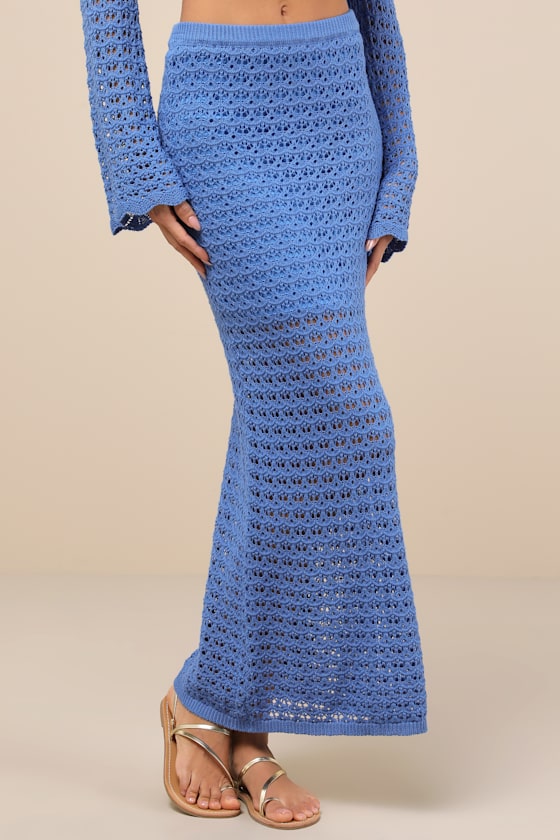 Lulus Serene Aesthetic Blue Crochet Knit Midi Skirt In Blue