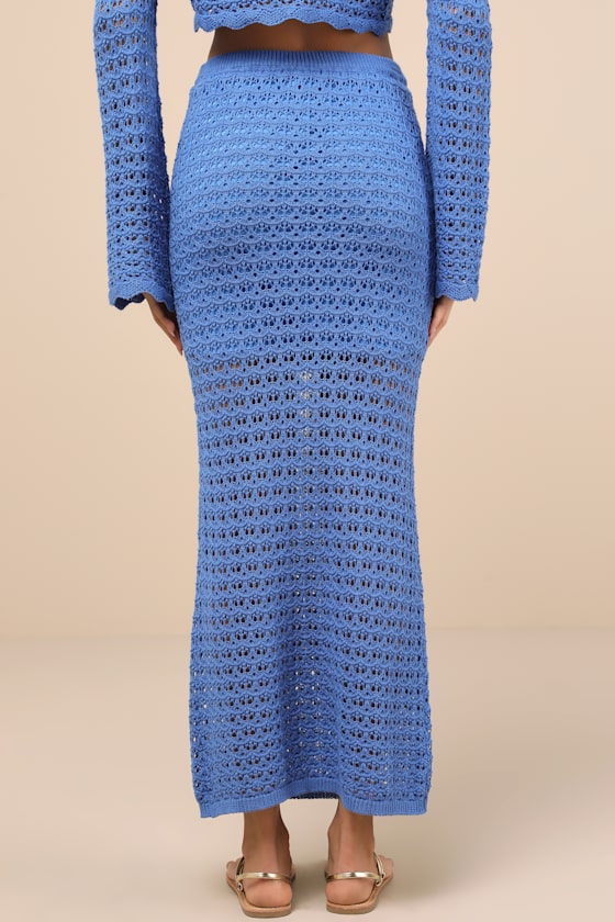 Lulus Serene Aesthetic Blue Crochet Knit Midi Skirt In Blue