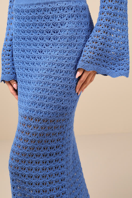 Lulus Serene Aesthetic Blue Crochet Knit Midi Skirt In Blue