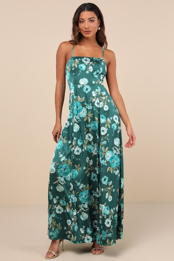 Lulus Sincerely Romantic Green Floral Satin Tie-back Maxi Dress In Green