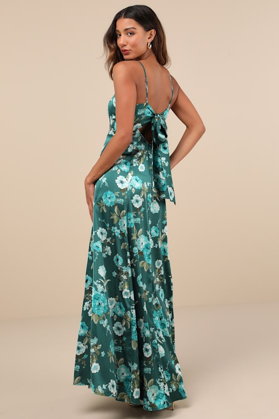 Lulus Sincerely Romantic Green Floral Satin Tie-back Maxi Dress In Green