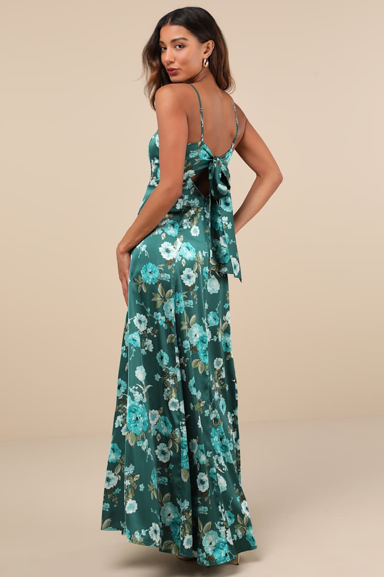 Green Floral Gown - Satin Floral Gown - Tie-Back Maxi Dress - Lulus