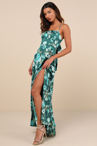 Sincerely Romantic Green Floral Satin Tie-Back Maxi Dress 3