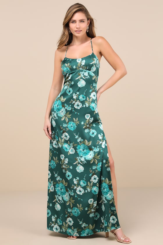 Lulus Sincerely Romantic Green Floral Satin Tie-back Maxi Dress In Green