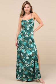 Wondrous Allure Green Floral Satin Backless Maxi Dress 1