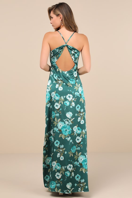 Lulus Sincerely Romantic Green Floral Satin Tie-back Maxi Dress In Green