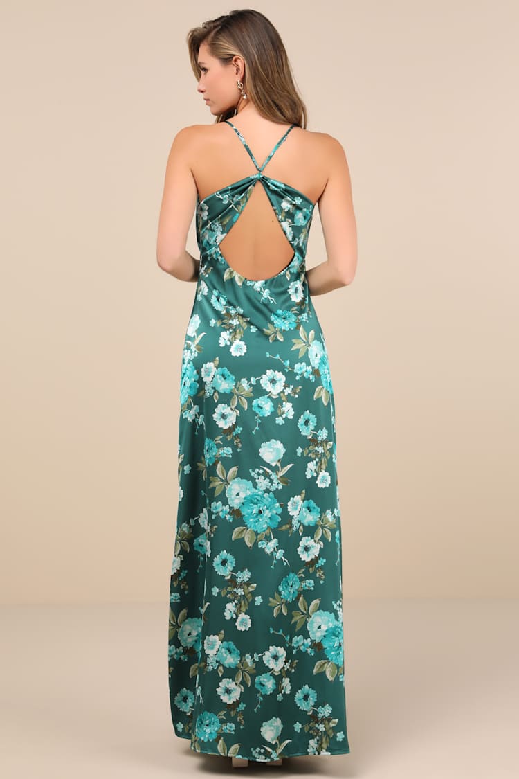 Wondrous Allure Green Floral Satin Backless Maxi Dress