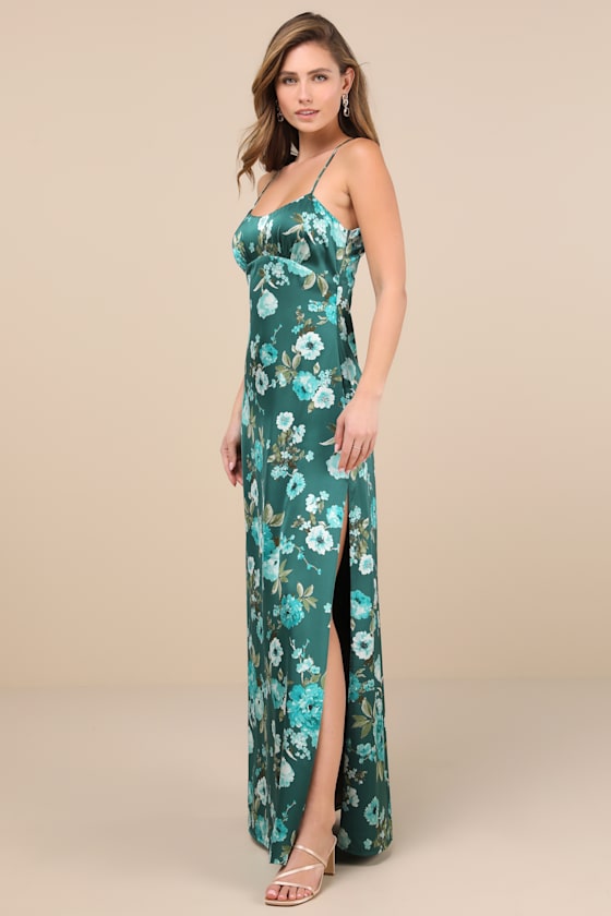 Lulus Sincerely Romantic Green Floral Satin Tie-back Maxi Dress In Green