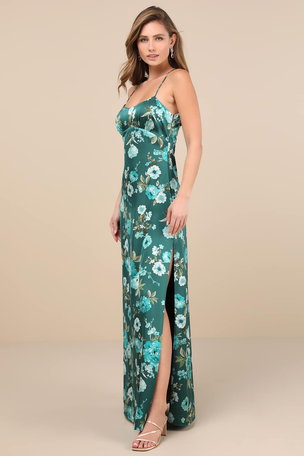 Wondrous Allure Green Floral Satin Backless Maxi Dress