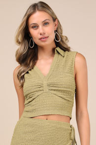 Luxe Cuteness Lime Green Textured Collared Crop Top