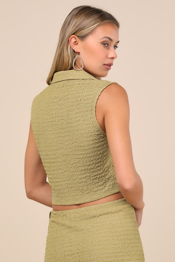 Lulus Luxe Cuteness Lime Green Textured Collared Crop Top In Green