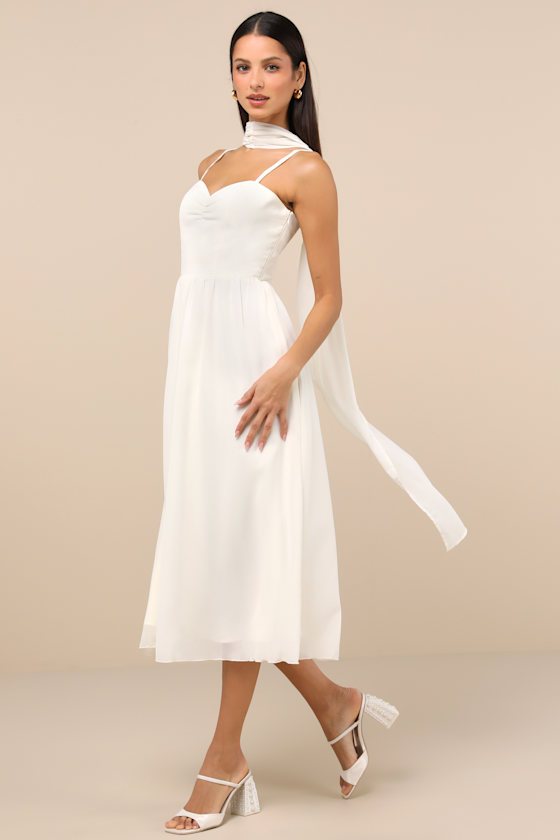 LULUS IRRESISTIBLY DARLING IVORY CHIFFON MIDI DRESS AND SCARF SET 
