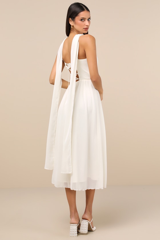 LULUS IRRESISTIBLY DARLING IVORY CHIFFON MIDI DRESS AND SCARF SET 