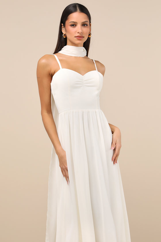 LULUS IRRESISTIBLY DARLING IVORY CHIFFON MIDI DRESS AND SCARF SET 