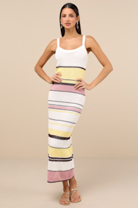 Breezy Venture Ivory Striped Crochet Midi Dress