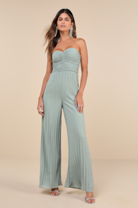 Certainly Charming Sage Pleated Strapless Wide-Leg Jumpsuit 1