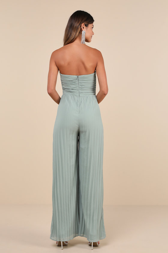 Lulus Certainly Charming Sage Pleated Strapless Wide-leg Jumpsuit In Green