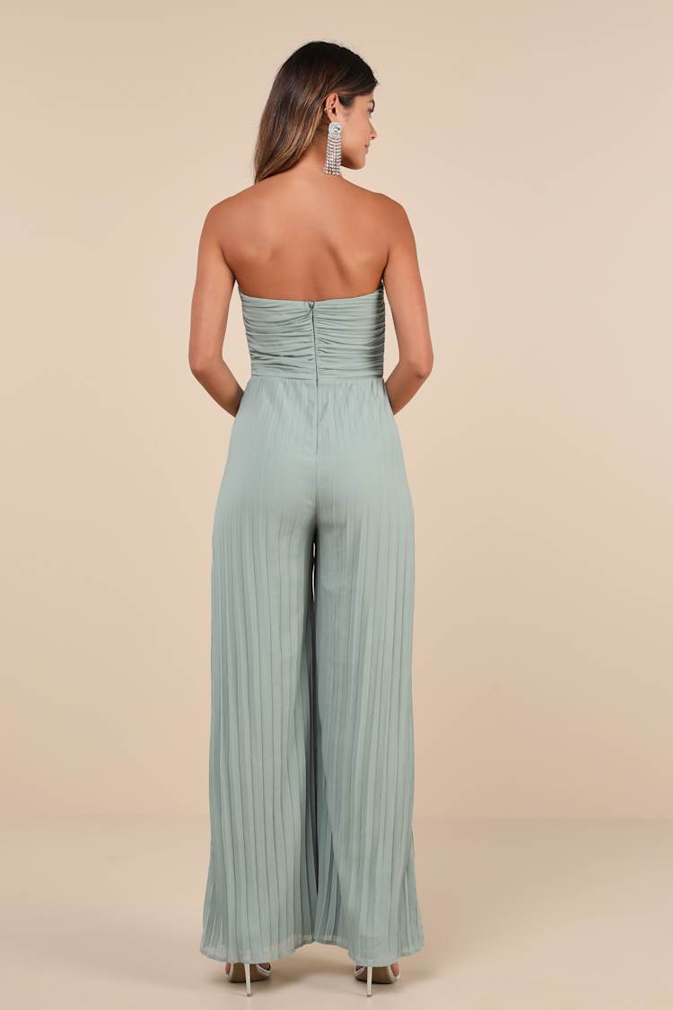 Certainly Charming Sage Pleated Strapless Wide-Leg Jumpsuit
