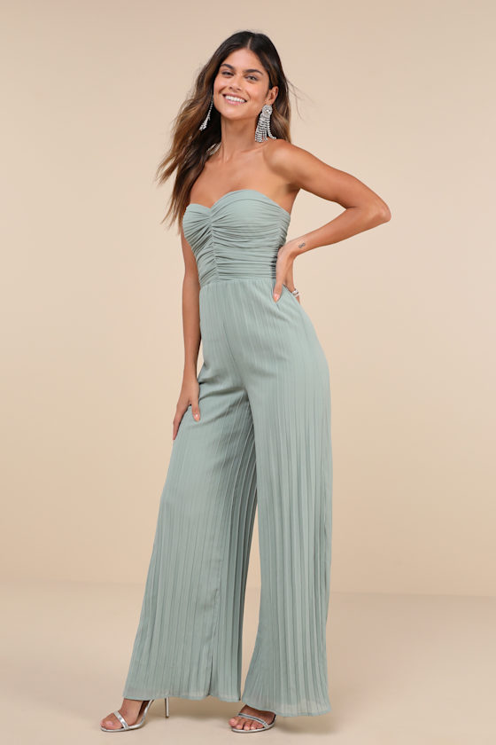 Lulus Certainly Charming Sage Pleated Strapless Wide-leg Jumpsuit In Green